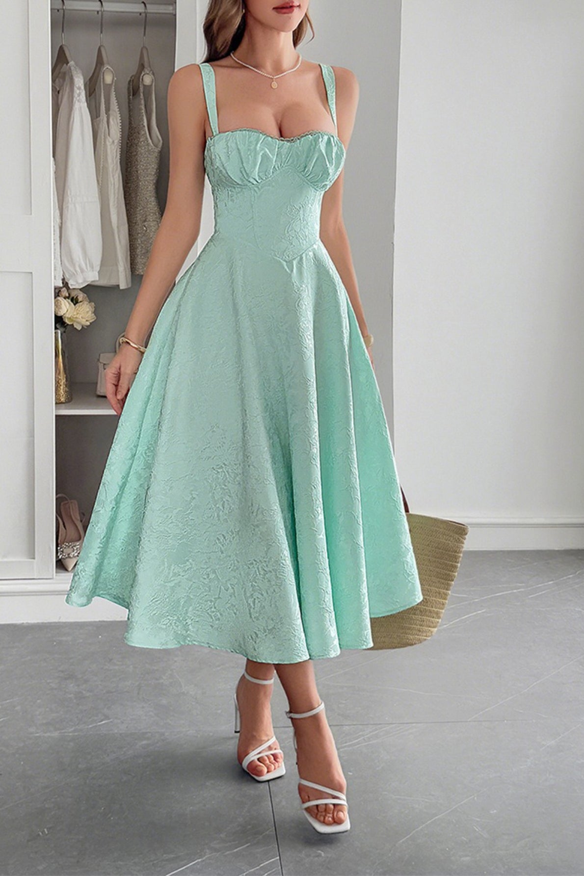 Jacquard Sweetheart Spaghetti Strap Fit and Flare Midi Dress - View 6