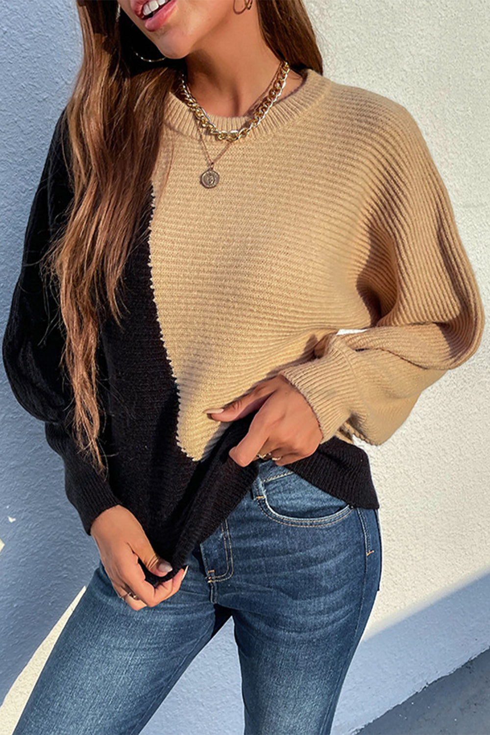 RadyRin Round Neck Contrast Sweater for Effortless Style