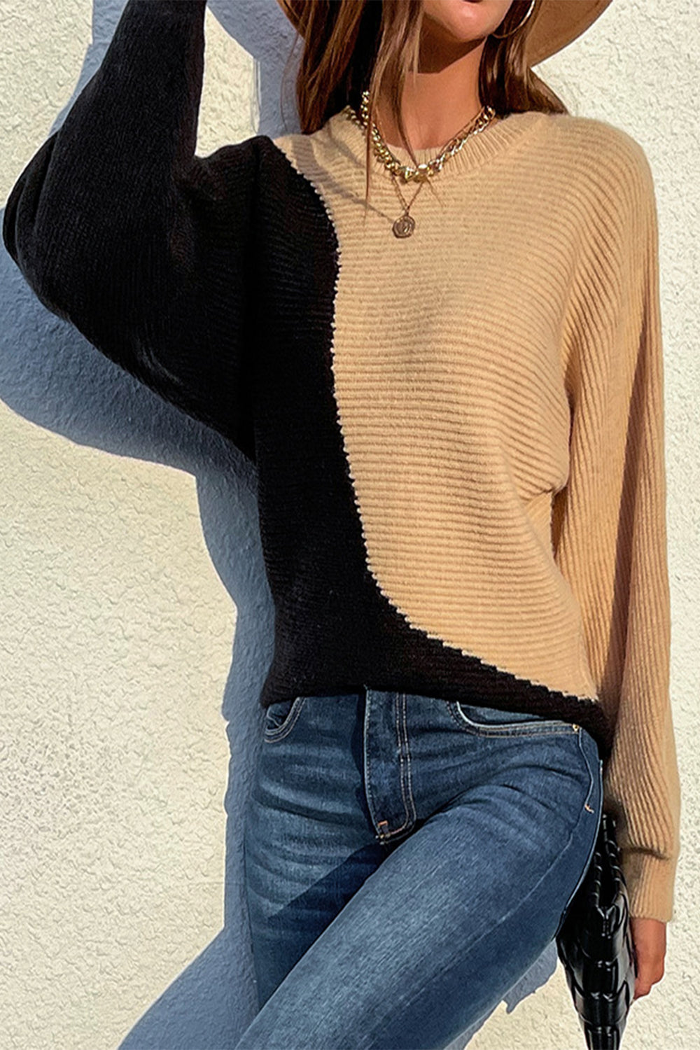 RadyRin Round Neck Contrast Sweater for Effortless Style