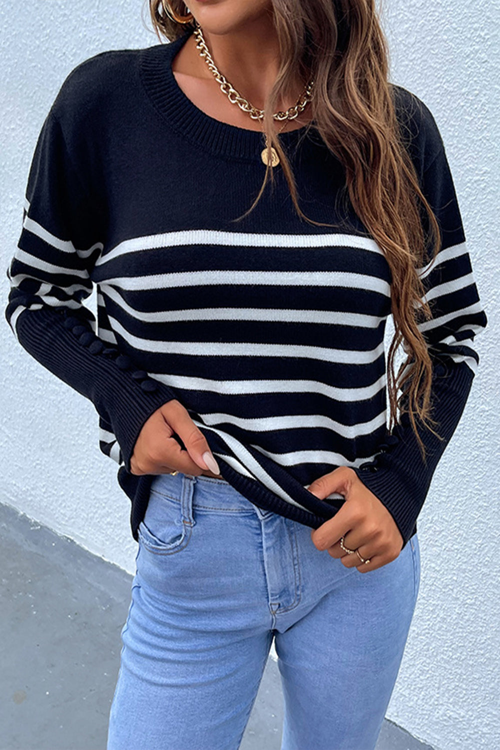 RadyRin Button Contrast Striped Sweater for Stylish Comfort