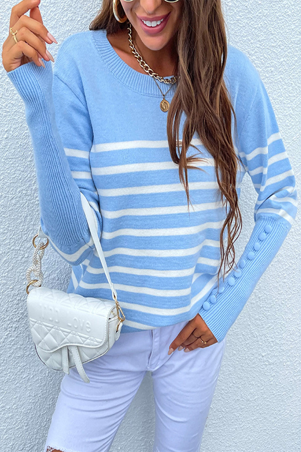 RadyRin Button Contrast Striped Sweater for Stylish Comfort