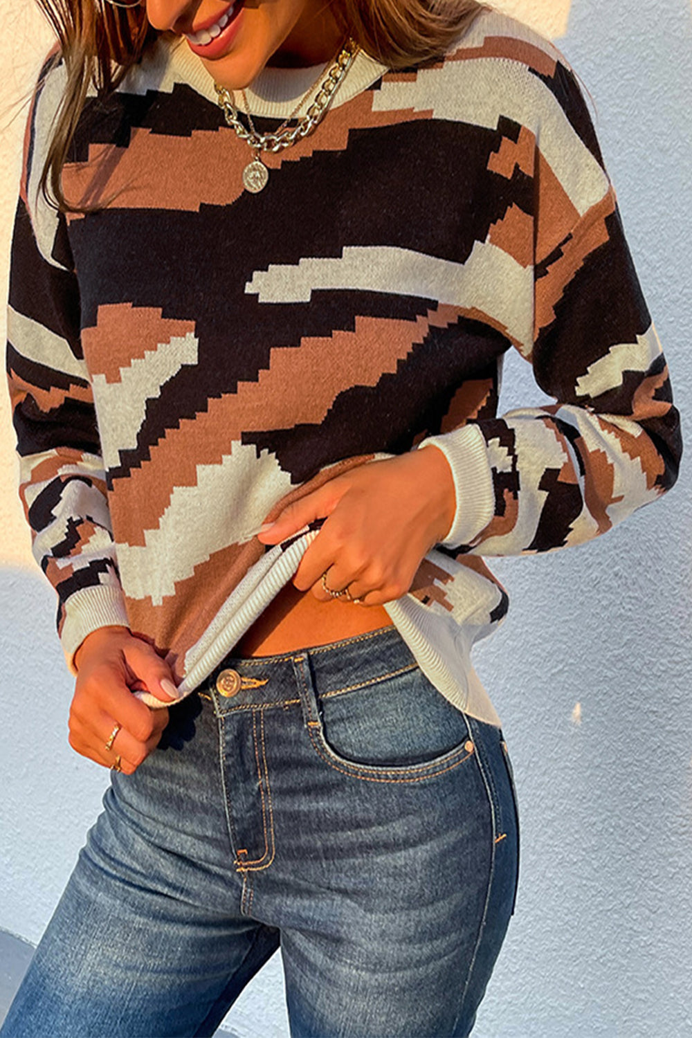 RadyRin Round Neck Camouflage Leopard Print Sweater