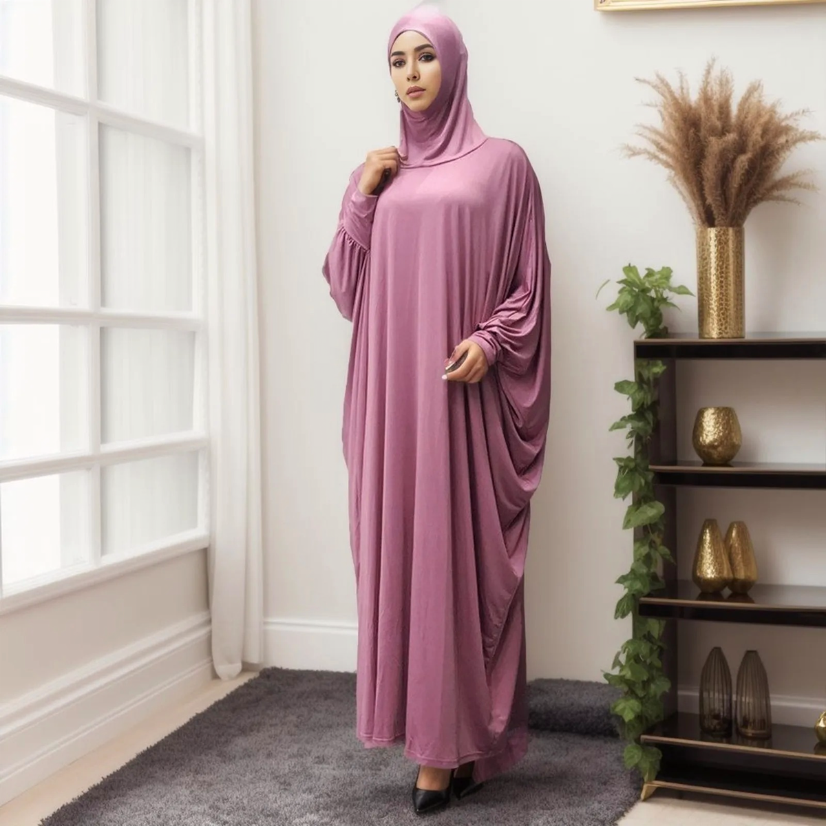 Solid Color Headgear Bat Cardigan Robes Ramadan Muslim Muslim Clothes Long Sleeve Cardigan Maxi Dress 2