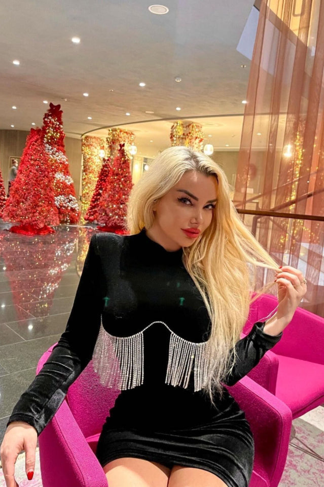 Velvet High Neck Long Sleeve Fringe Bodycon Mini Dress