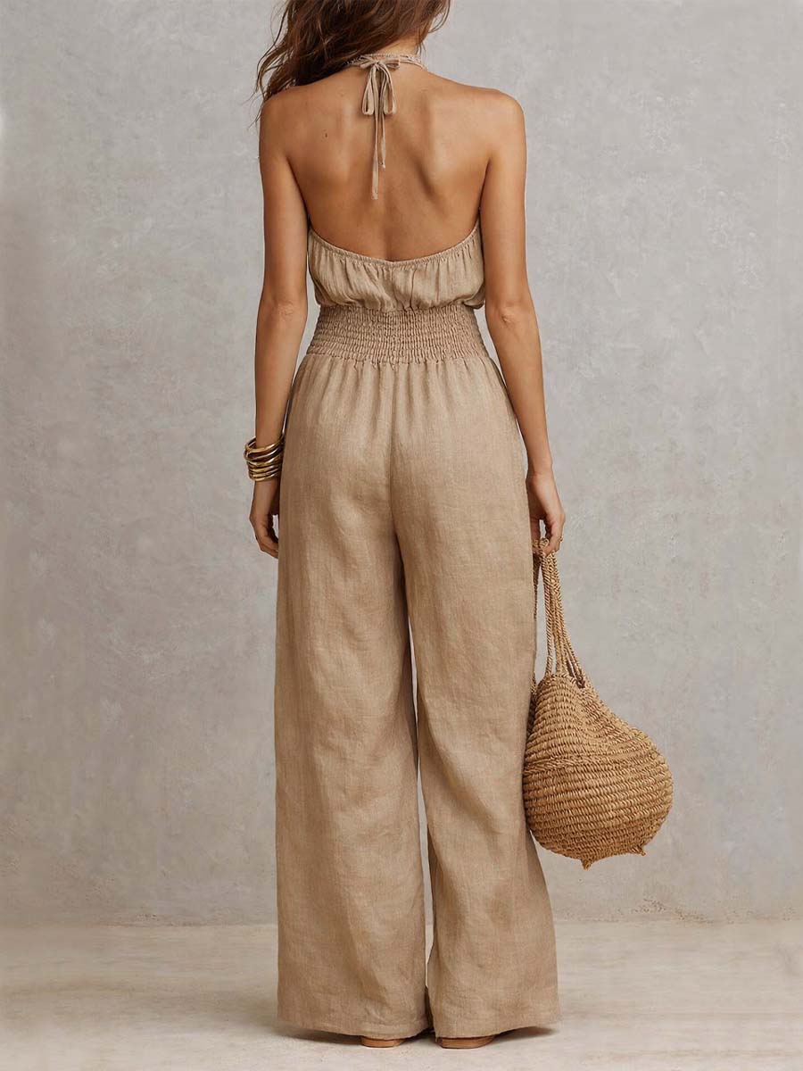 Halter Neck Sleeveless Smocked Waist Wide Leg Jumpsuit 2