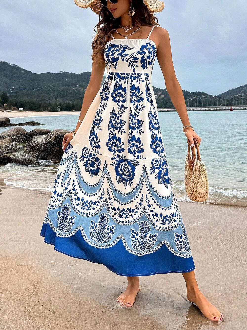 Floral Print Square Neck Sleeveless Pleated Maxi Dress
