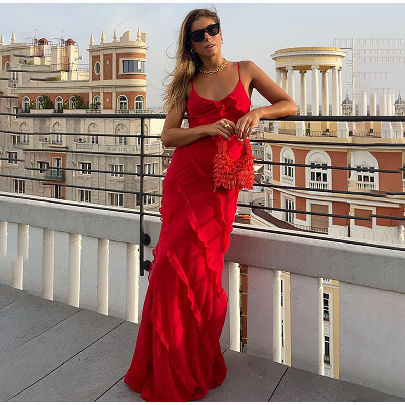 Spaghetti Strap Deep V-Neck Diagonal Tiered Ruffle Maxi Gown - View 9