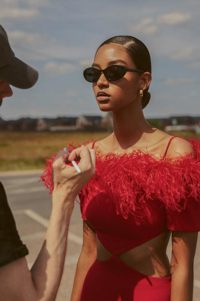 Cutout Feather Trim Spaghetti Strap Dress - Fashionpara