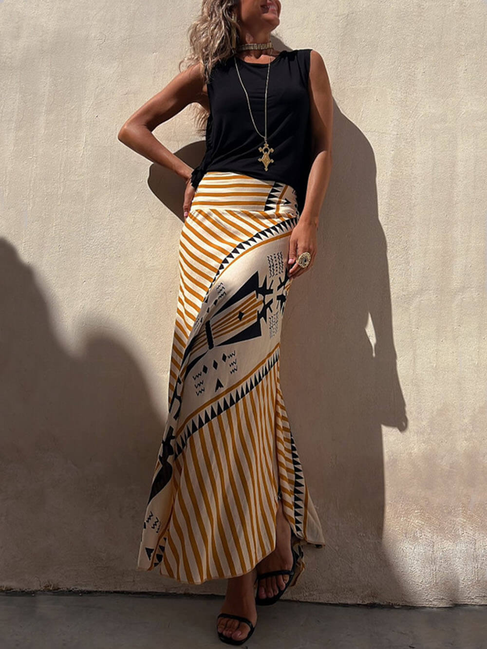 Geometric Print Elastic Waist Maxi Skirt - Fashionpara