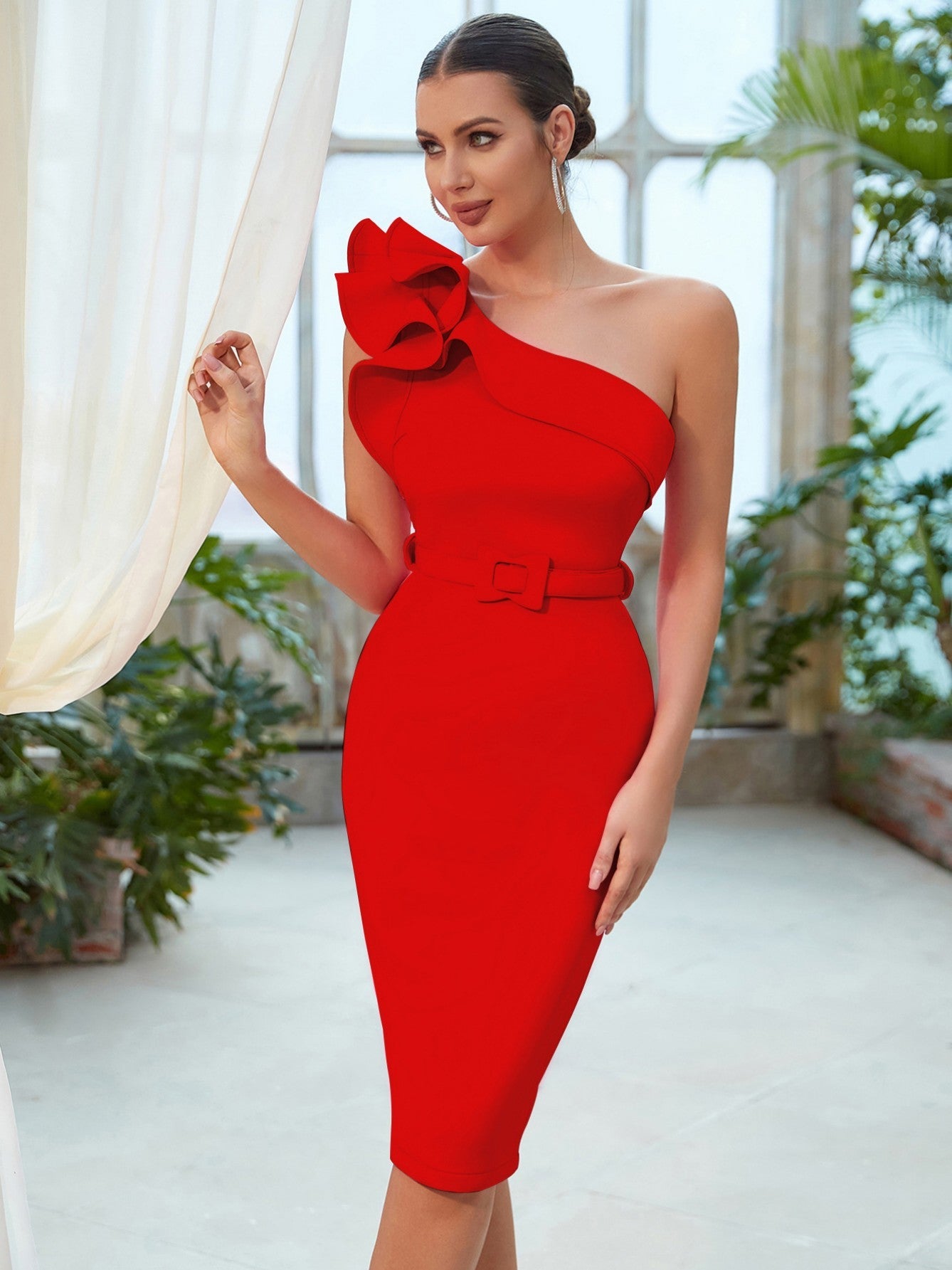 Pink One Shoulder Tight Midi Dress - Fashionpara