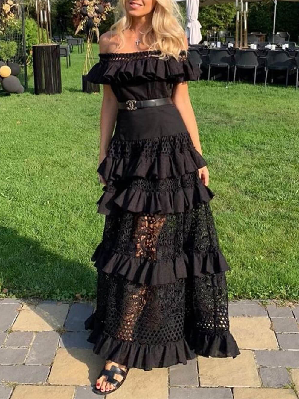 One-Shoulder Ruffled Hollow Swing Lace Patchwork Long Dress - Fashionpara