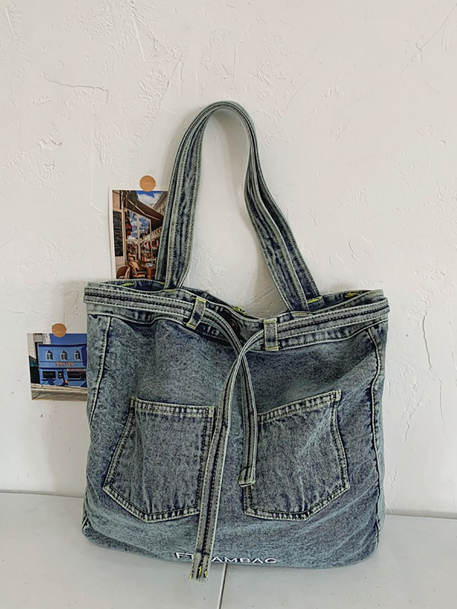 Vintage Solid Pocket Denim Handbag Shoulder Bag