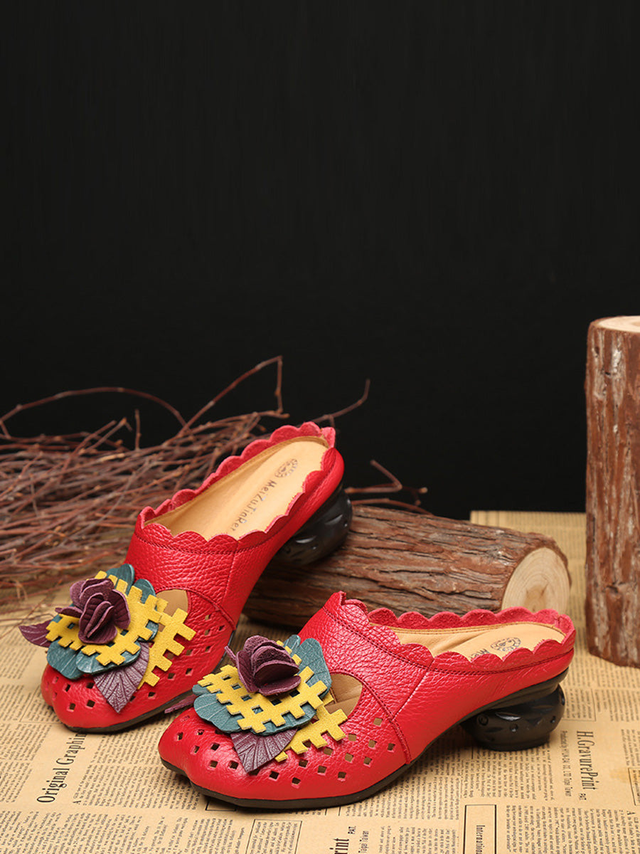 Ethnic Leather Flower Spliced Low Heel Sandals