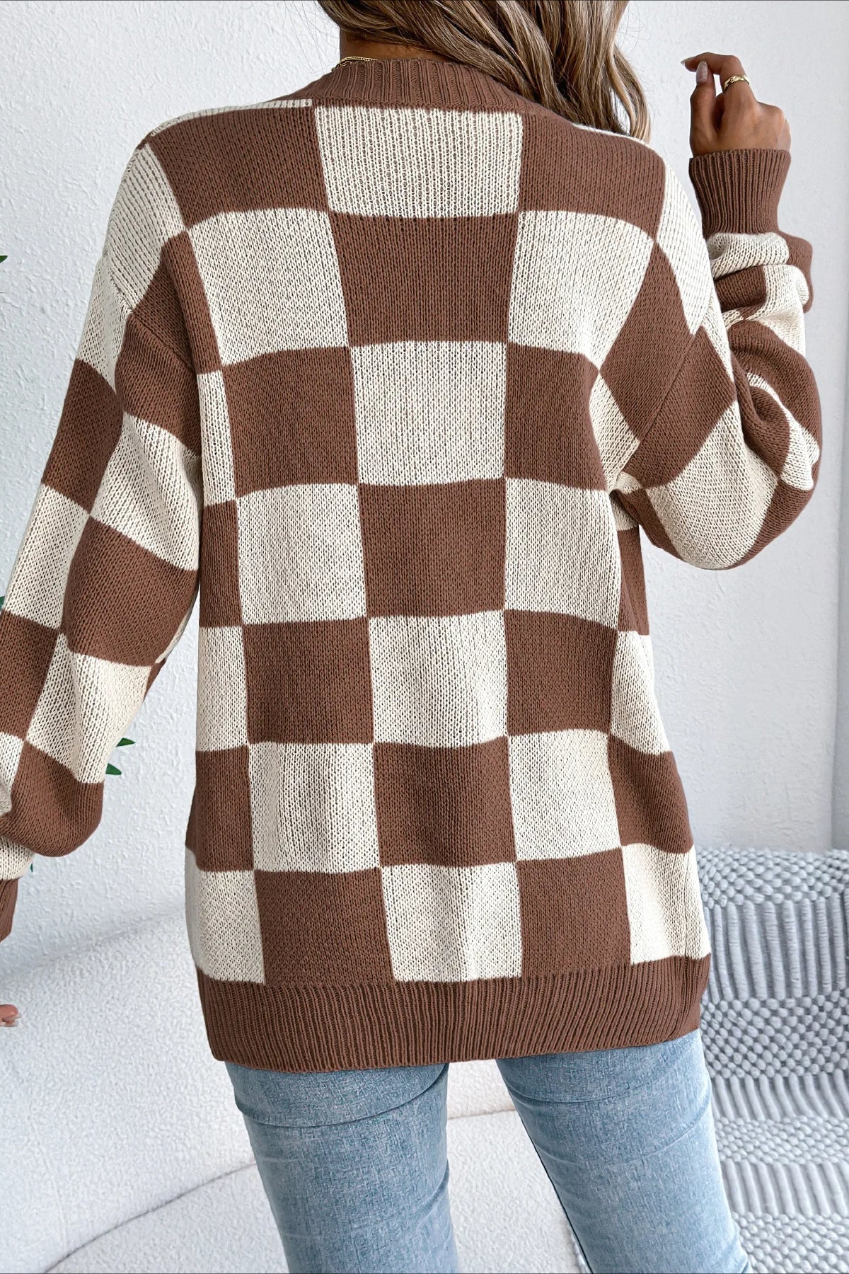 Plaid Knit Casual Loose Cardigan