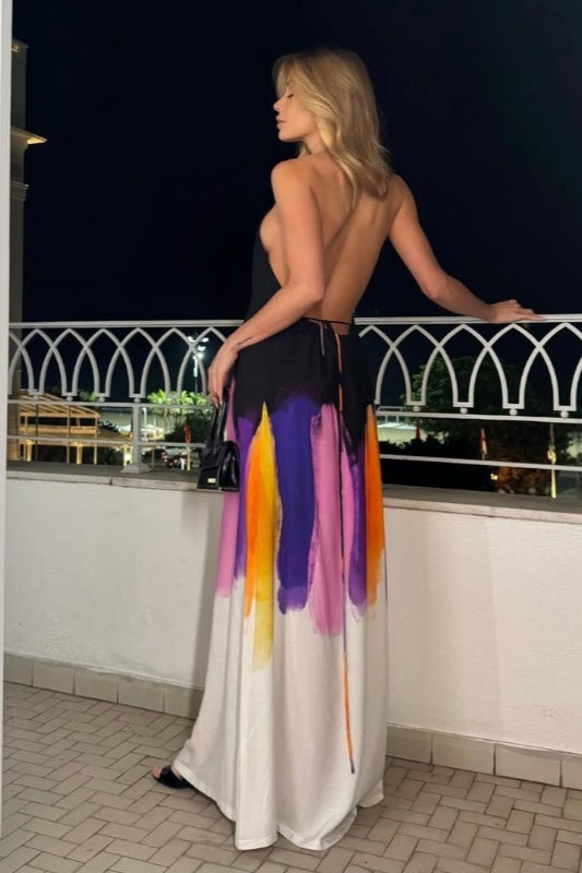 Painted Tie-Back Sleeveless Backless Fitted Bodycon Maxi Dress