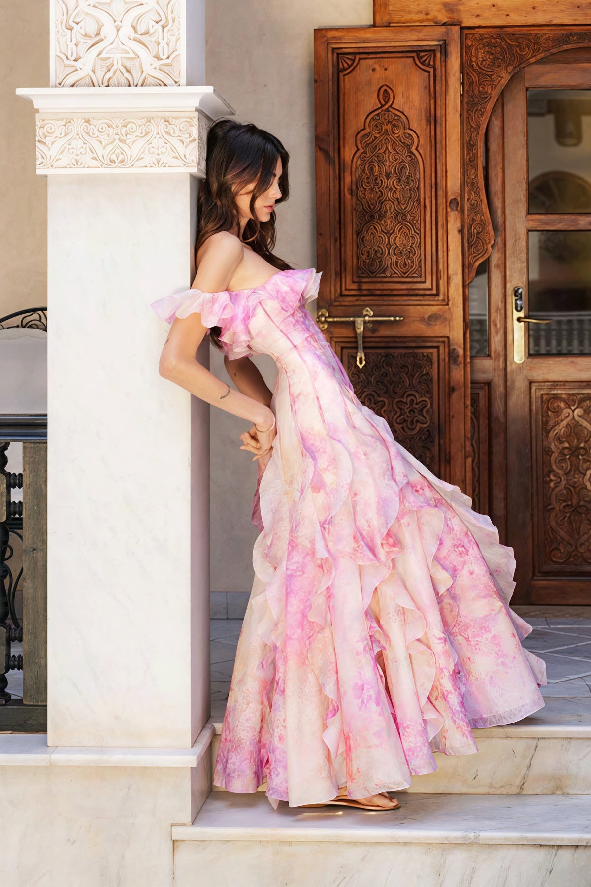Watercolour Print Off Shoulder Ruffle Maxi Gown 5