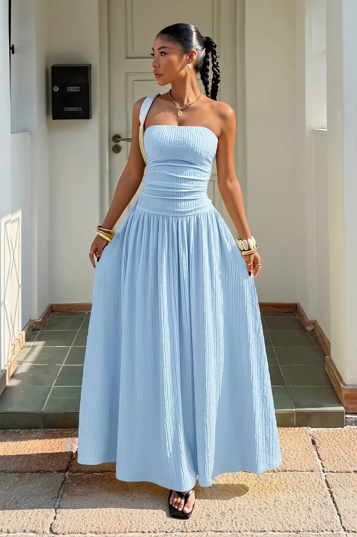Strapless Ruched Drop Waist A-Line Maxi Dress