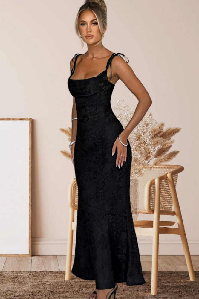 Jacquard Square Neck Tie Strap Mermaid Maxi Dress