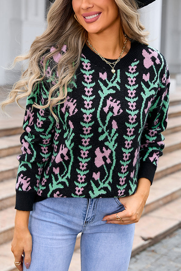 Lady Rin Floral Knitted Crew Neck Sweater for Casual Elegance