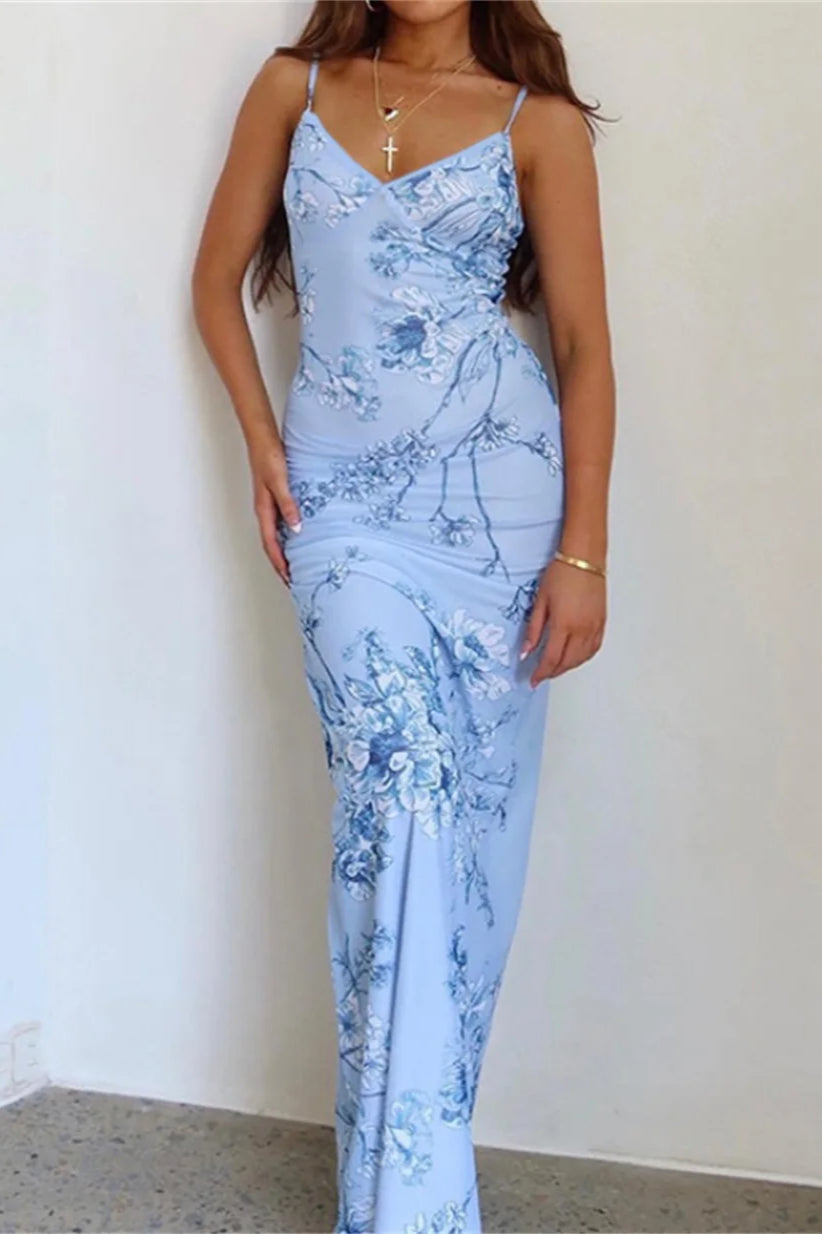Floral Print V-Neck Spaghetti Strap Mermaid Maxi Dress