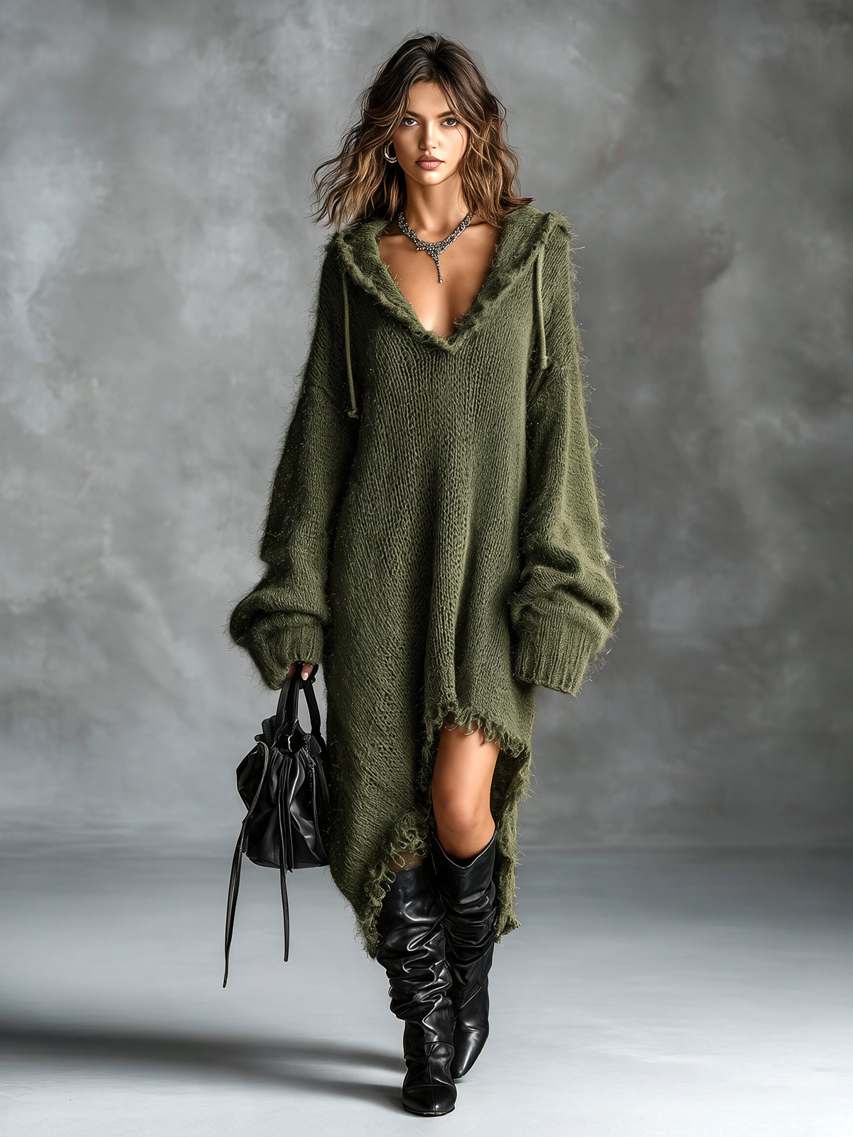 Hooded Deep V-Neck Oversized High Low Knit Sweater Dress 3