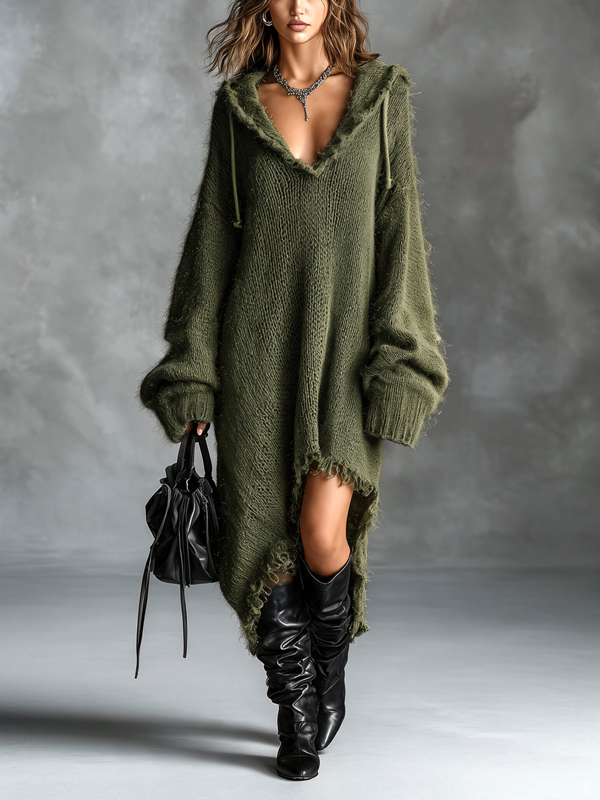 Hooded Deep V-Neck Oversized High Low Knit Sweater Dress 2