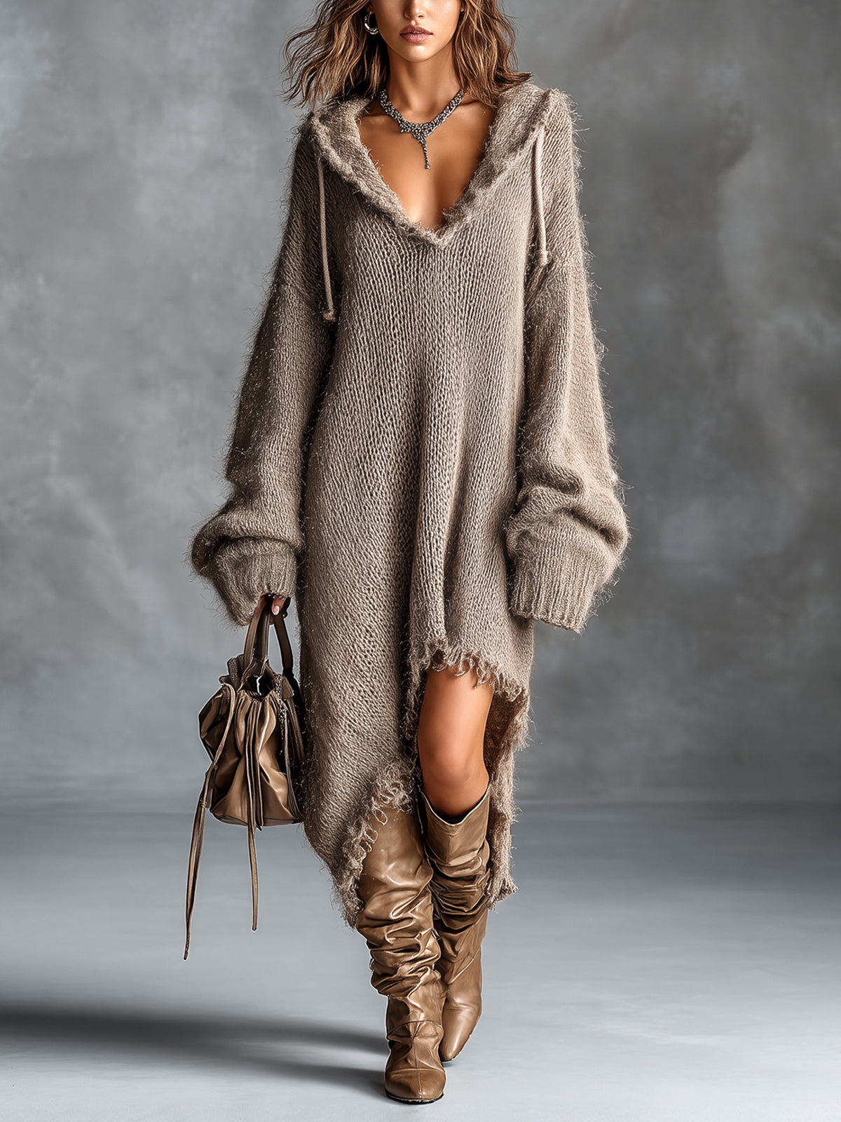 Hooded Deep V-Neck Oversized High Low Knit Sweater Dress