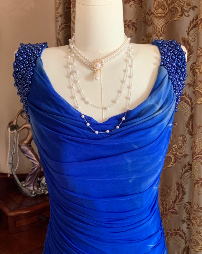 Sexy Royal Blue Tulle Pleated Beaded Mermaid Long Wedding Guest Dress Evening Dress D1716