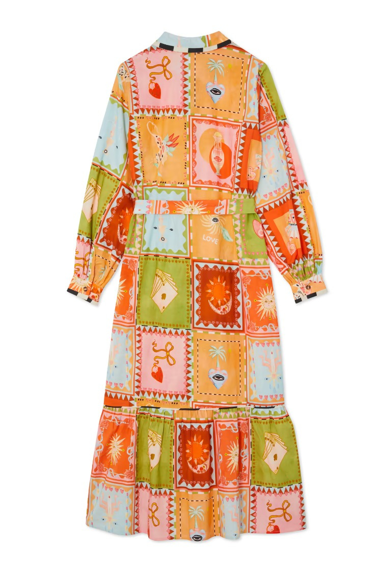 Linen Blend Unique Printed Long Sleeve Lapel Tie-waist Midi Dress - Fashionpara