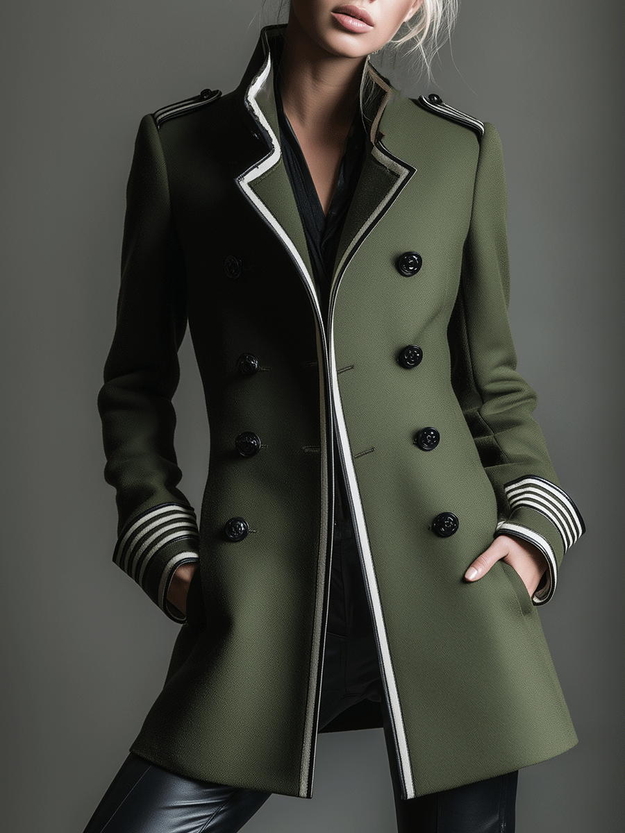 Tailored Double-Breasted White Piping Detail Coat