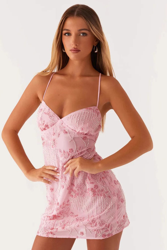Floral Beaded V-Neck Spaghetti Strap Bodycon Mini Dress