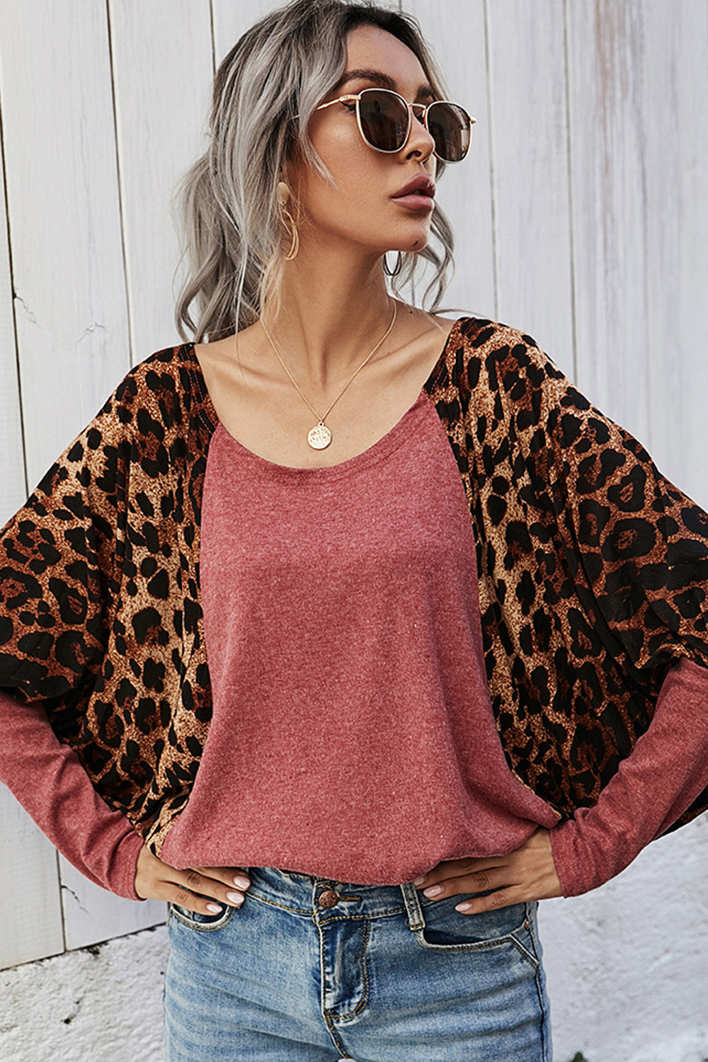Leopard Print Stitching One-neck Bat Sleeve Top
