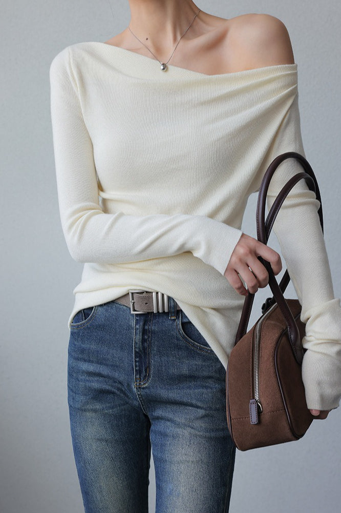 Asymmetric Neck Slim Knit Top