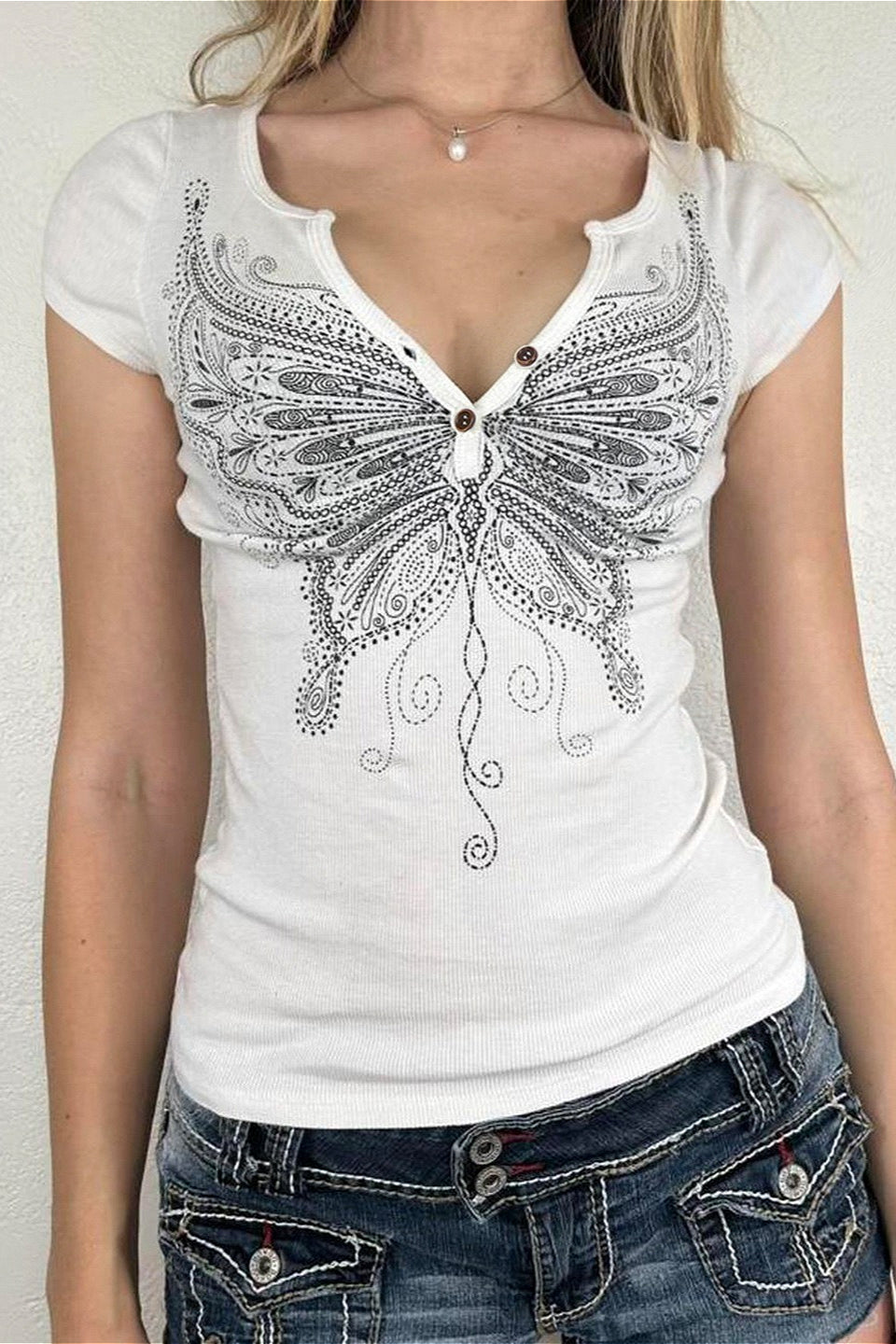 Butterfly Graphic Button Fitted T-Shirt