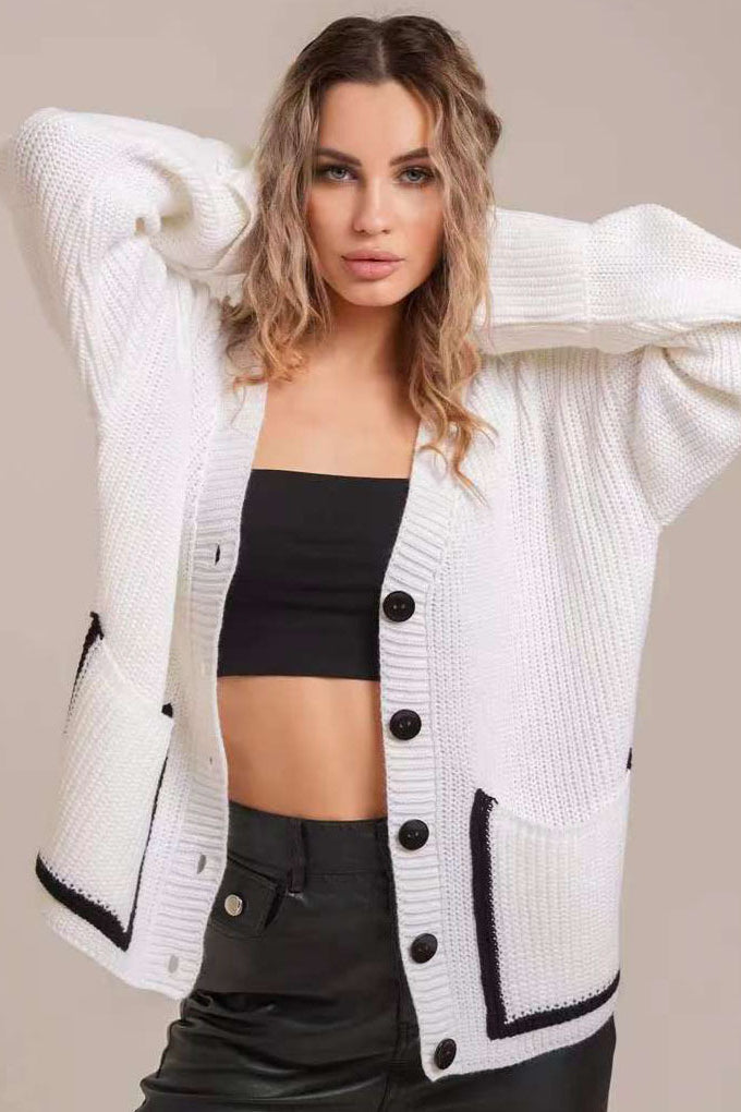 Colorblock V-Neck Knit Cardigan with Practical Pockets