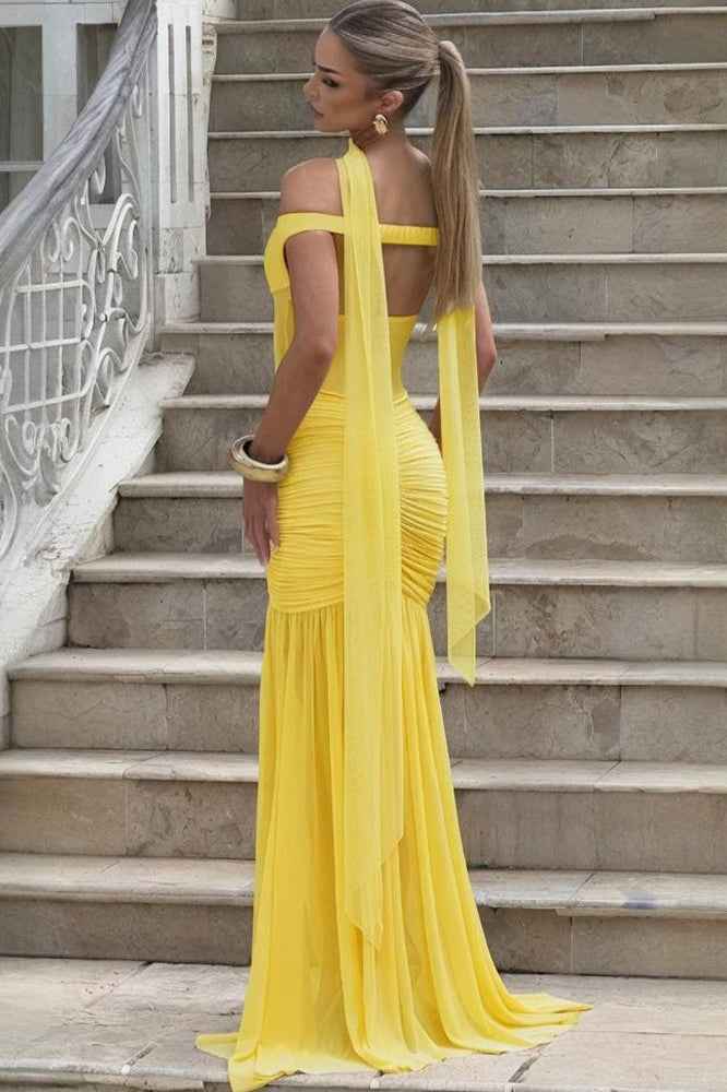Mesh Off Shoulder Ruched High Split Mermaid Maxi Dress