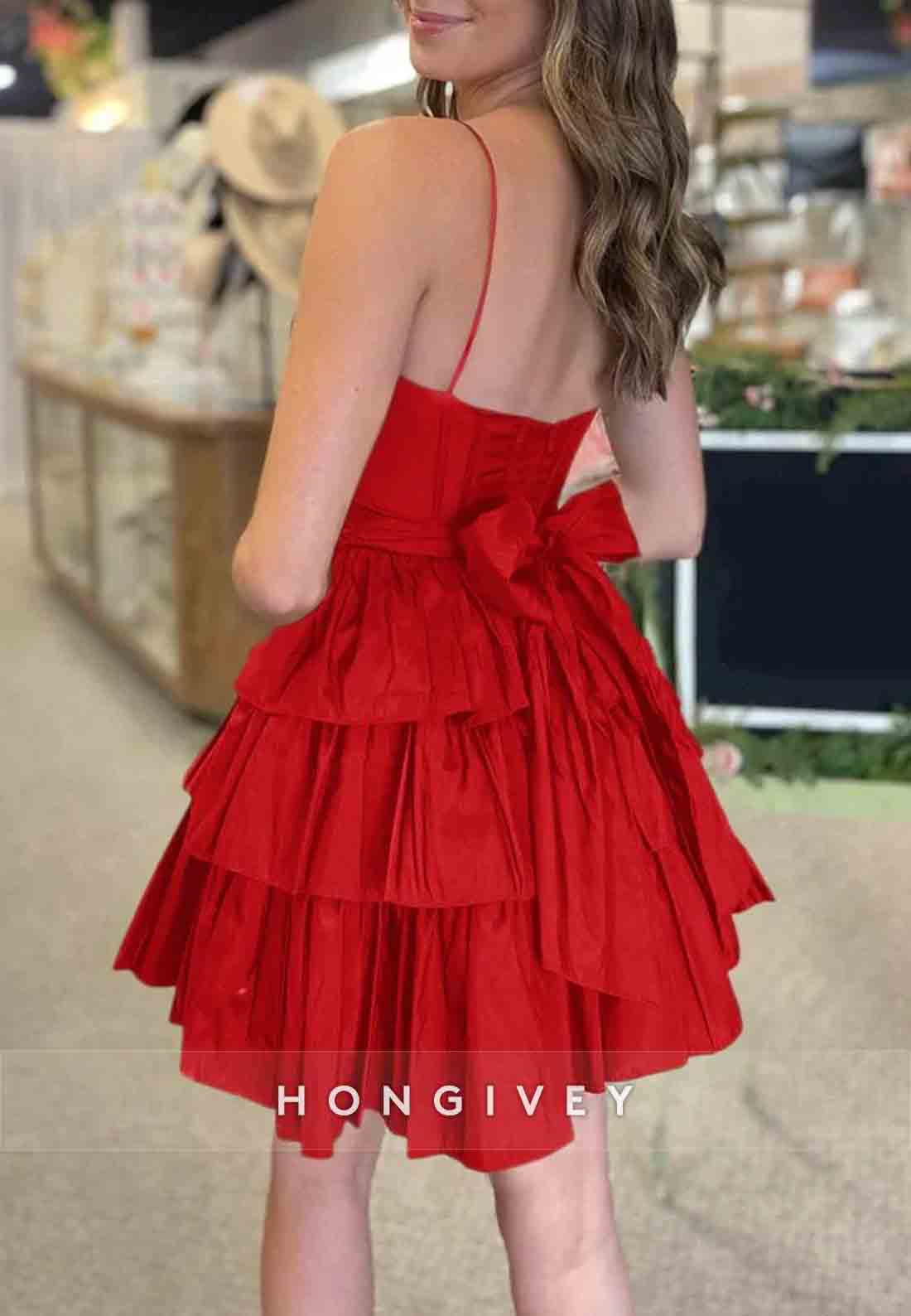 Sleeveless A-Line Bowknot Low Back Ruched Spaghetti Straps Short Homecoming Dresses