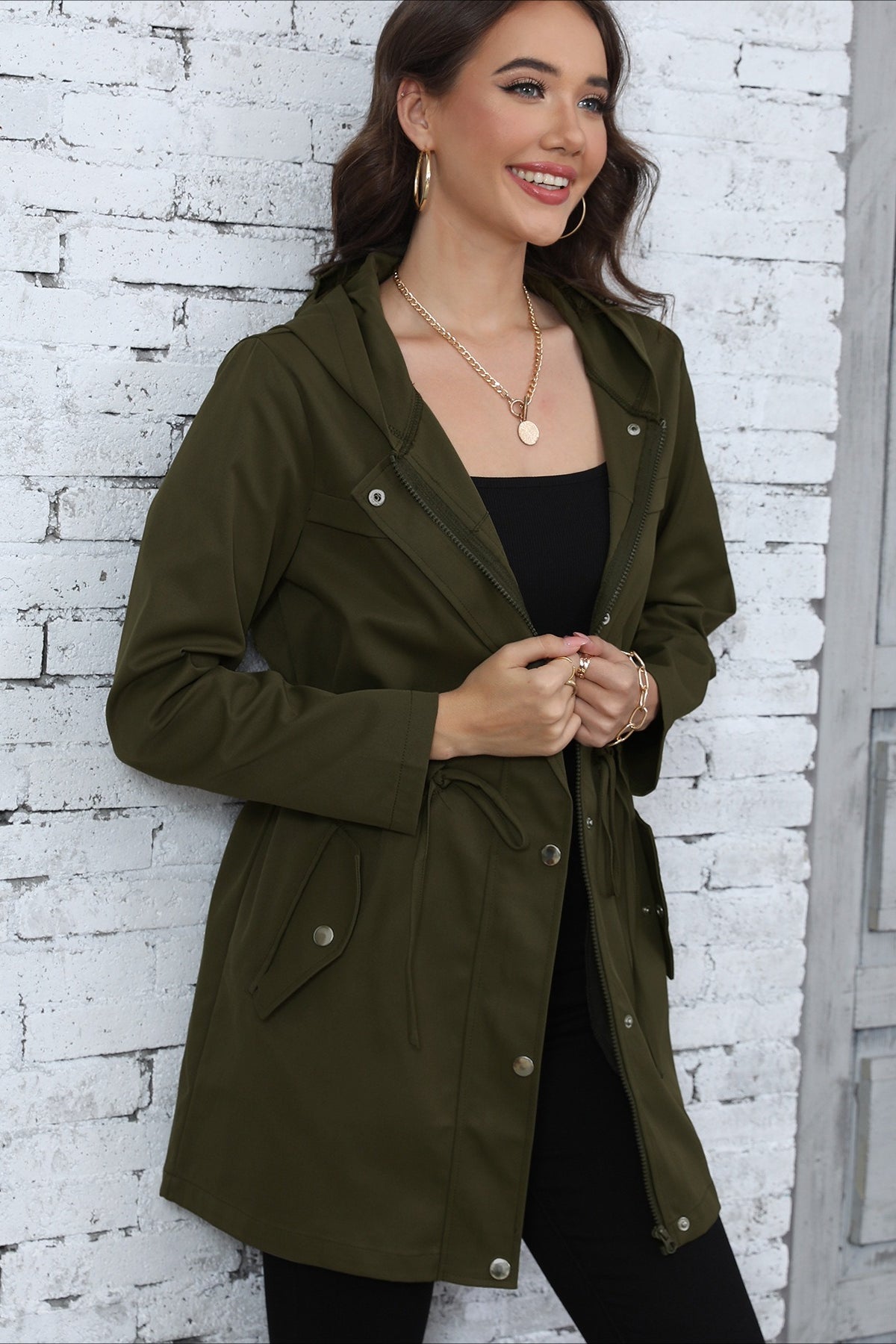 Hooded Mid-Length Waist-Tied Trench Coat