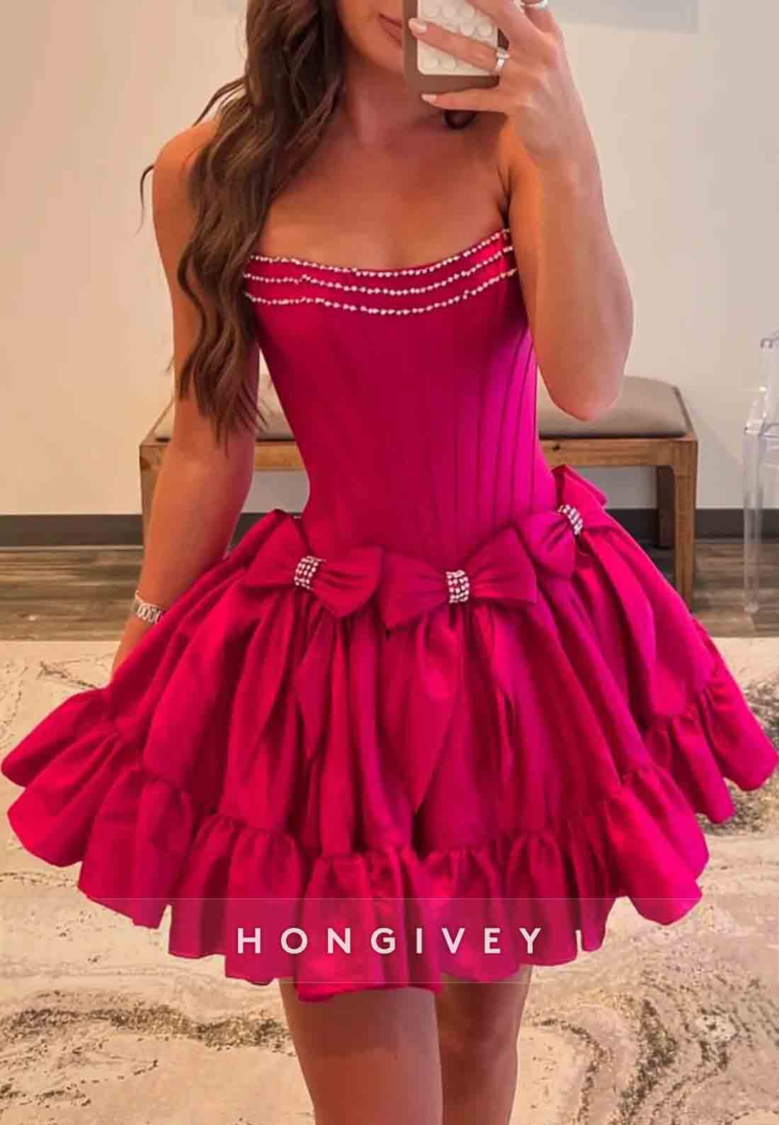 Bowknot Ruched Strapless Satin Pleated Ball Gown Short Homecoming Dresses
