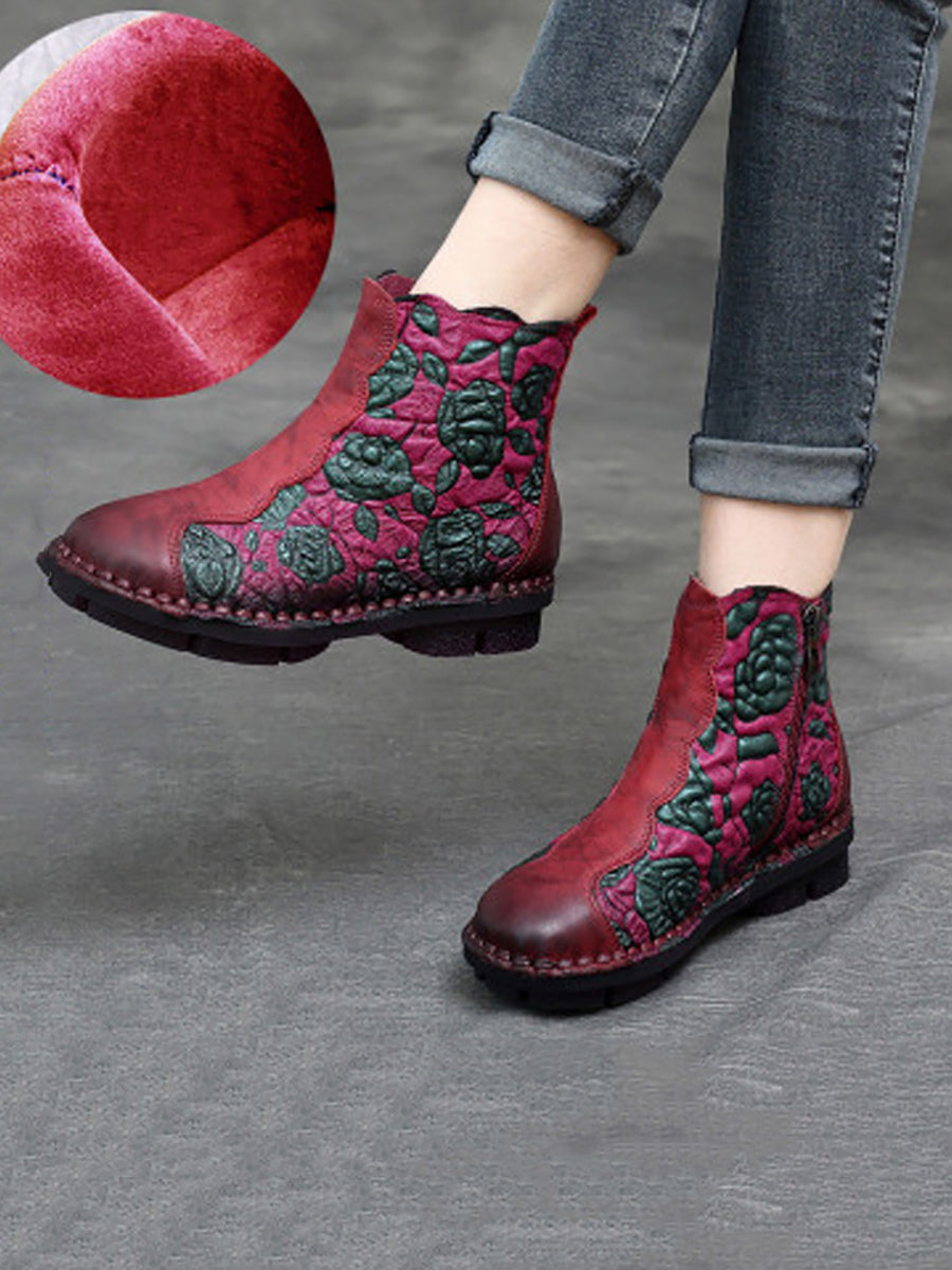 Retro Flower Leather Spliced Zipper Low Heel Boots