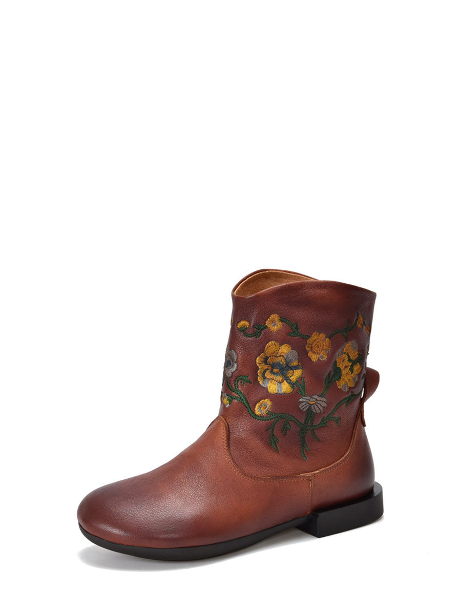Vintage Flower Embroidery Leather Low Heel Boots