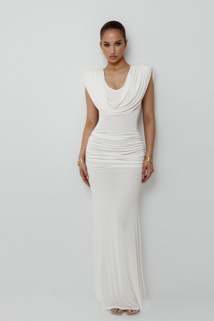 Cowl Neck Draped Ruched Bodycon Mermaid Maxi Dress
