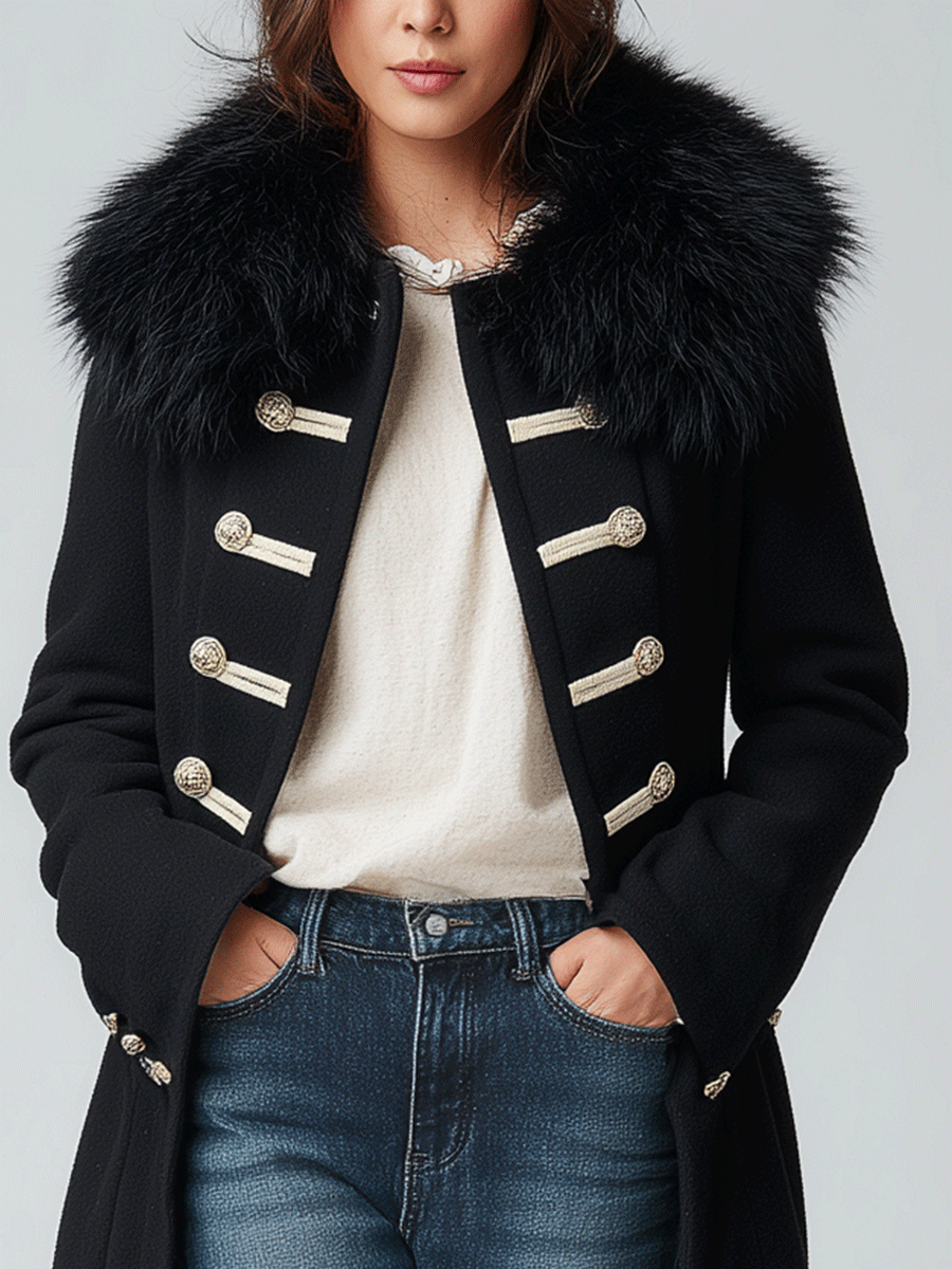 Vintage Black Double-Breasted Contrast Faux Fur Long Coat