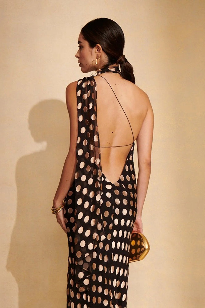 Elegant Polka Dot Backless Halter Maxi Dress - Fashionpara
