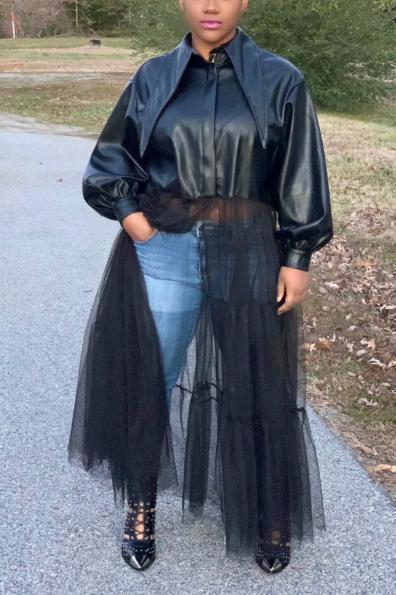 Plus Size Vegan Leather Tulle Long Sleeve Midi Dress  Fashionpara