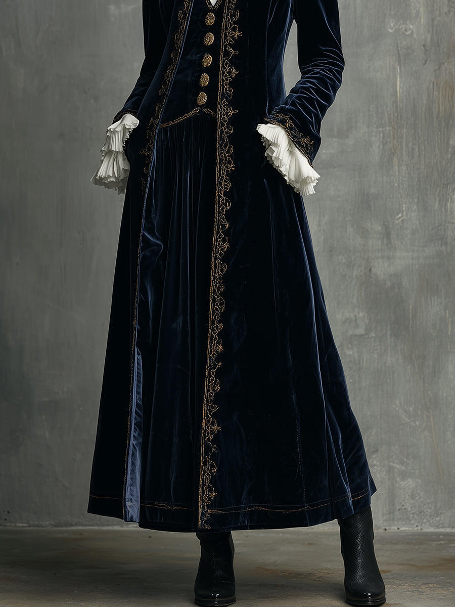 Retro Luxury Polyester Velvet Embroidered A-line Mid-length Coat - Fashionpara