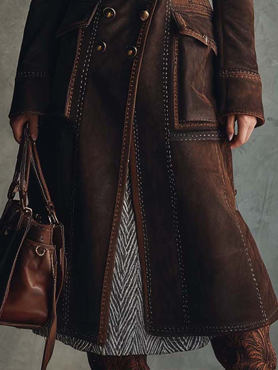 Vintage Brown Eco-Suede Coat with Full Shearling Lining and Fur Collar - Fashionpara