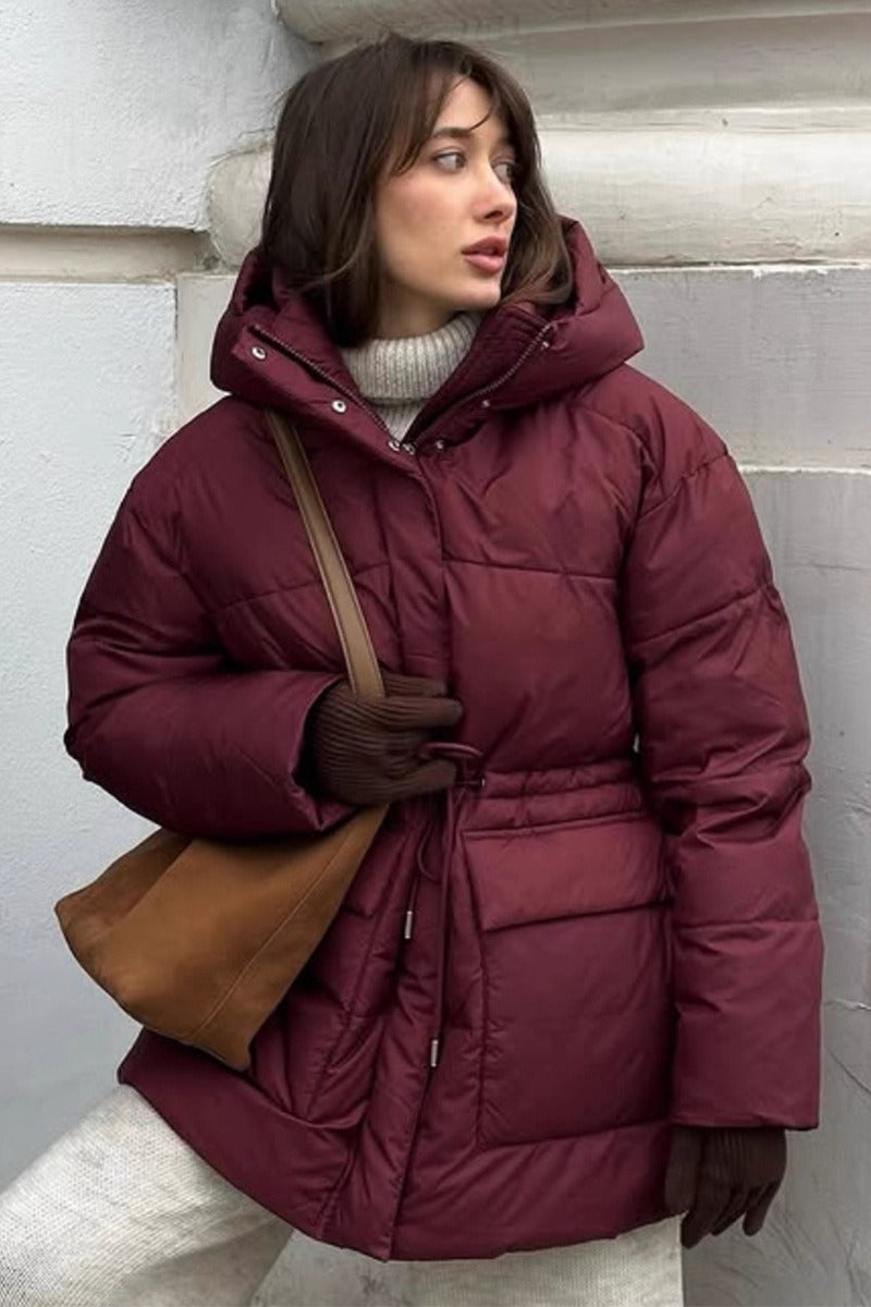 Wine Red Belted Hooded Puffer Coat - Fashionpara