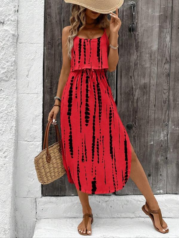 Tie Dye Stripe Print Spaghetti Strap Layered Split Midi Dress 4