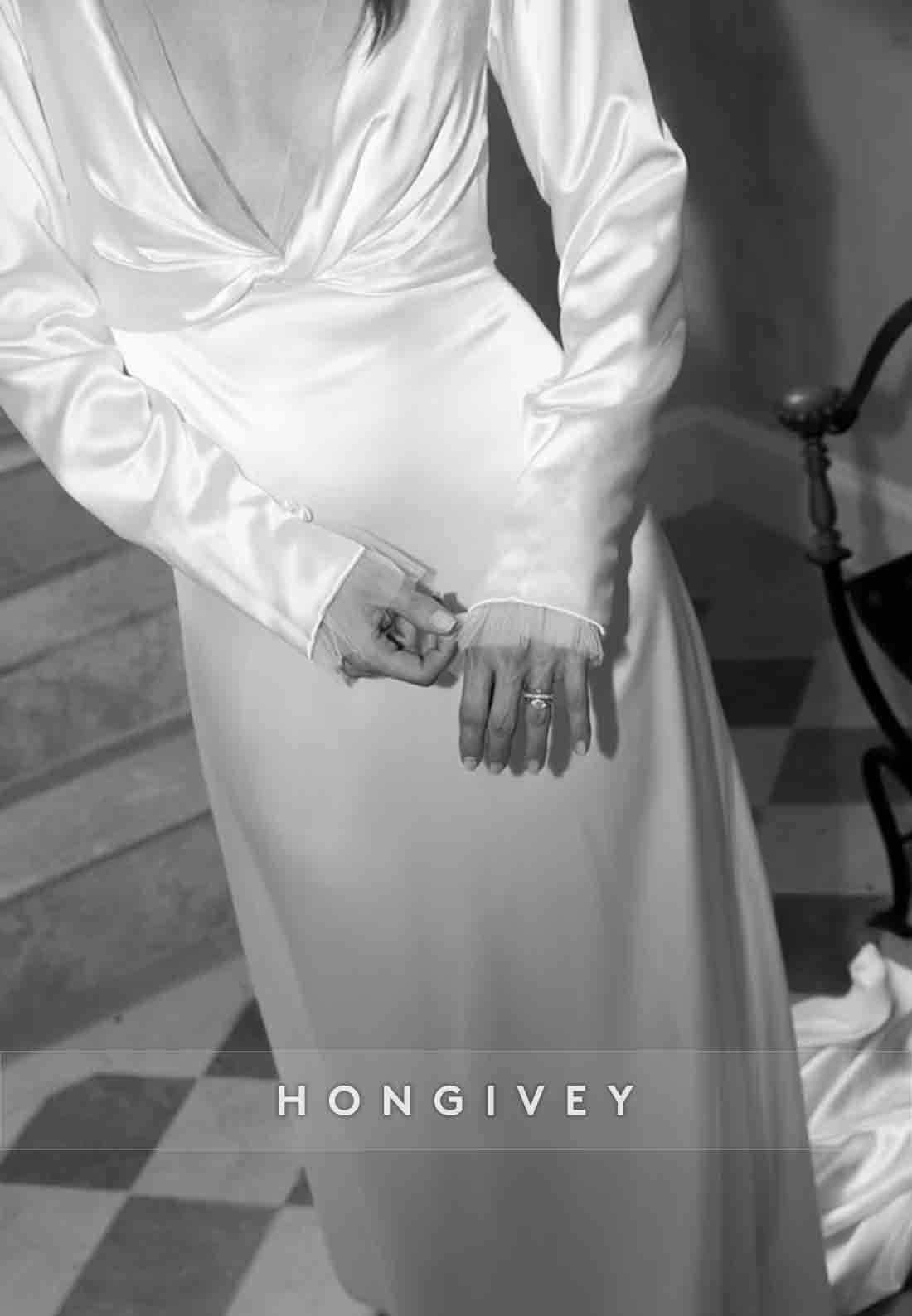 Low V-Neck Long Sleeves Court Train Pleated V Back Wedding Dresses